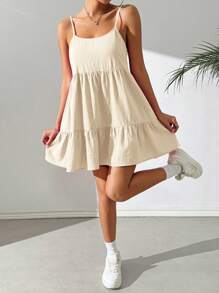 SHEIN EZwear Đầm suông dệt hở lưng cổ chữ V không tay cho kỳ nghỉ hè thường ngày của phụ nữ, màu be - Màu be - Xem 3