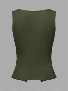 Zavorell 无袖方领针织吊带上衣，前开衩，修腰设计，性感时尚夏装 - 軍綠色 - 查看 6