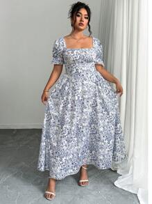 SHEIN LUNE 大码女式泡泡袖花卉印花休闲迷你连衣裙 - 藍白色 - 查看 4