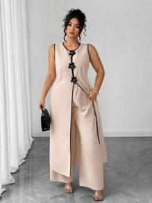 SHEIN LUNE Plus Size Sleeveless Round Neck 2 Pieces Set With 3D Flower Decor, Casual Wear For Outing & Commute - Apricot - View 5