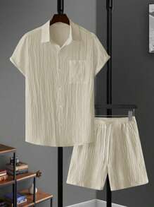 Manfinity RSRT Men's Casual Shirt And Shorts Set Vacation Outfit For Men Men 2 Pieces Outfits Summer Vacation Outfits For Men Men Vacation Outfit Men Vacation Outfit - Khaki - View 6