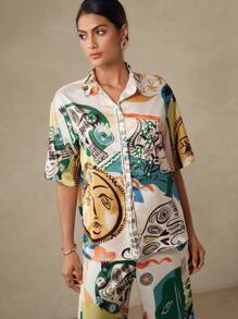 SHEIN Swim 女士休闲舒适度假涂鸦印花衬衫 - 彩色 - 查看 5