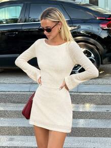 SHEIN EZwear Women's Solid Color Backless Lace-Up Flare Sleeve Mini Dress Summer Dresses For Women - Apricot - View 5