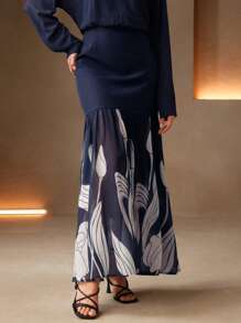 Anewsta Floral Print V-Neck Elegant Long Sleeve Ruffle Hem Dress - Navy Blue - View 4