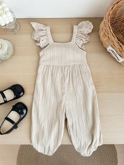 SHEIN LMoss Kids Girl's Cute Apricot Textured Cap Sleeve Jumpsuit, Versatile Summer