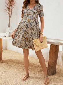 SHEIN Đầm bầu tay ngắn cổ chữ V in hoa, đầm đi nghỉ hè phong cách Boho cho nữ. - màu nâu - Xem 3