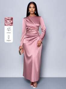 SOLERSUN Women's Elegant Solid Color Ruched Side Satin Bodycon Dress,Suitable For Dating Party Maxi Women Outfit Fall Cloth For Women