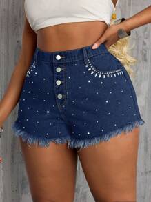 SHEIN ICON Plus Size Women Distressed Blue Denim Non-Stretch Hot Shorts With Rhinestones, Vintage Music Festival Style - Dark Wash - View 7