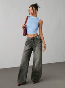 SHEIN PETITE Áo ba lỗ cổ bẻ màu xanh trơn cho mùa hè - Màu xanh nhạt - Xem 4