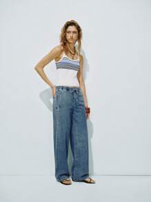 Lumivelle Women's Solid Color Pocket Drawstring Waist Wide Leg Jeans - Medium Wash - View 3