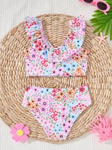 Young Girls Ditsy Floral Ruffle Hem Bikini Sets - Multicolor - View 2