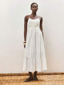 Maija 女式白色 U 领连衣裙，露背系带纯色宽松 A 字形夏季度假连衣裙