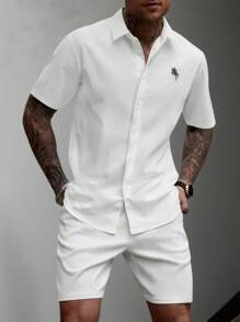 Men 2pcs Casual Simple Shirt & Shorts Set - White - View 3