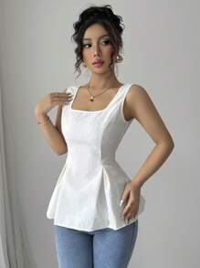 Elenzga Top corto sin mangas con cuello cuadrado y textura de rhinestone para mujer - Albaricoque - Ver 4