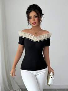 Elenzga Women's Sexy Summer Crop Top, Off Shoulder Floral Lace Splice Rhinestone Decor Slim Fit Short Sleeve T-Shirt