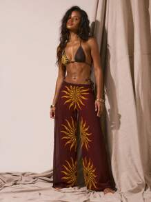 Musera Resort 图形太阳印花超长裙罩衫春夏季度假性感波西米亚风伊比沙岛节日海滩泳装沙滩秋季派对 - 彩色 - 查看 1