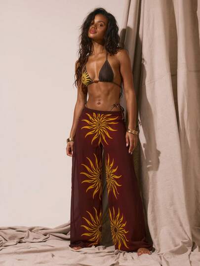 Musera Resort 图形太阳印花超长裙罩衫春夏季度假性感波西米亚风伊比沙岛节日海滩泳装沙滩秋季派对