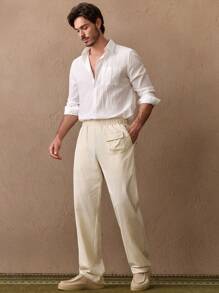 Manfinity VCAY Men's Woven Casual Loose Fit Solid Color Elastic Waist Straight Leg Trousers, Everyday Wear - Apricot - View 2