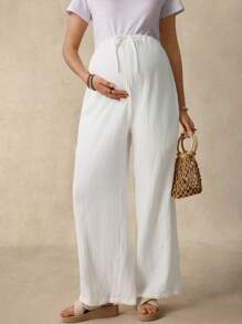 SHEIN Schwangere Frauen unifarbene Hose mit Tasche und Twist Taille, gerade Beinform, Lässig