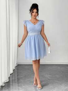 Elenzga Plus Size Women Textured Chiffon Floral Lace Trim V-Neck Ruffle Short Sleeve Back Tie Waist Blue Summer Vacation Dress - Blue - View 3