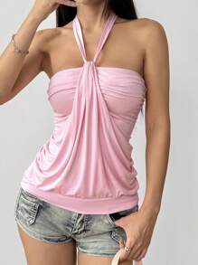 SHEIN EZwear Casual Solid Color Gathered Strap Camisole Top, Summer Off The Shoulder Top - Baby Pink - View 6