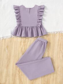 SHEIN Leap Crew Tween Girls Chiffon Ruffled V-Neck Blouse With Bowknot & Wide Leg Pants 2Pcs Casual Set, Countryside Style For Spring Outing, Garden Afternoon Tea - Mauve Purple - View 6