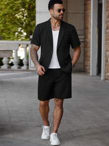 Manfinity Homme Plus Size Men Lapel Neck Shirt And Shorts Suit Set