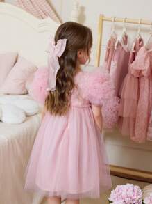 Young Girl Elegant Floral Embroidered Mesh Short Sleeve Summer Dress, Pink - Pink - View 2