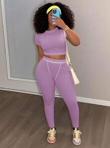 Slaydiva 2025 春夏新款休闲街头百搭运动基础修身绿色圆领短袖短款T恤和撞色腰裤女士两件套，适合音乐节、复活节、西部游牧风格、乡村风格、婚礼嘉宾、日常旅行、毕业季、派对聚会、俱乐部、运动健身、瑜伽 - B 薰衣草两件套紫色两件套女士女士两件套服装 - 紫色 - 查看 4