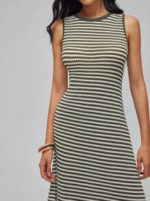 Roylia High-Elastic Dual-Color Openwork Knitted, Faux Knitted Openwork Striped Pattern, Fitted, Round Neck, Sleeveless, Tied Bowknot At Back, Contrast Tipping, Cutout At Back Collar, Super Oversized A-Line, Tank-Style, Waist-Cinched, Vacation, Festival, Casual, Elegant, Commute, Sexy, Minimalist, Romantic, Sweet, Bohemian Holiday, Long Maxi Dress For Women Spring/Summer Stripe Dresses For Women Striped Maxi Dress Summer Dress Vintage - Army Green - View 5