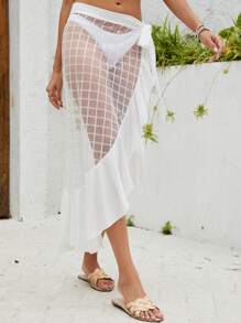 SHEIN Swim 纯色荷叶边下摆透视扭纹下摆短款上衣和迷你裙套装