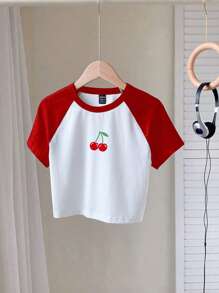 Attitoon Áo thun tay ngắn cổ tròn màu đỏ trắng giản dị, họa tiết anh đào, thích hợp cho mùa hè - Đỏ và trắng - Xem 5