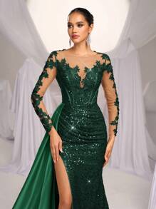 Glamrae Elegant Luxurious Embroidered Sequin Lace Satin Ruched Slit Fishtail Maxi Dress With Train,Formal Gown For Wedding Guest,Parties,Galas,Valentine's Day - Dark Green - View 7