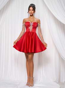 Lovelzi Elegant Luxurious Faux Pearl Beaded Ruffle Sheer Long Sleeve Big Hem Dress, Suitable For Wedding, Party, Holiday, Ball, Bridal Shower Gift, Bride - Red - View 6