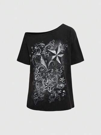 Grunge Punk Camiseta de manga corta asimétrica y hombro con estampado vintage de estrellas y vides en color gris para talla grande, con estilo punk callejero sexy