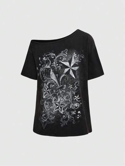 Grunge Punk T-shirt vintage imprimé asymétrique pour femmes, mode d'été