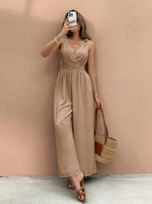 SHEIN Frenchy Women's Solid Color Overlapping V-Neck Waist Lace Splice Wide-Leg Sleeveless Jumpsuit
