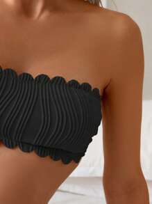 Swim Basics 2pcs Springbreak Solid Color Beachgear Swimsuit Set, Bandeau Shell-Trimmed Laced Back Bikini For Women, Summer - Black - View 4