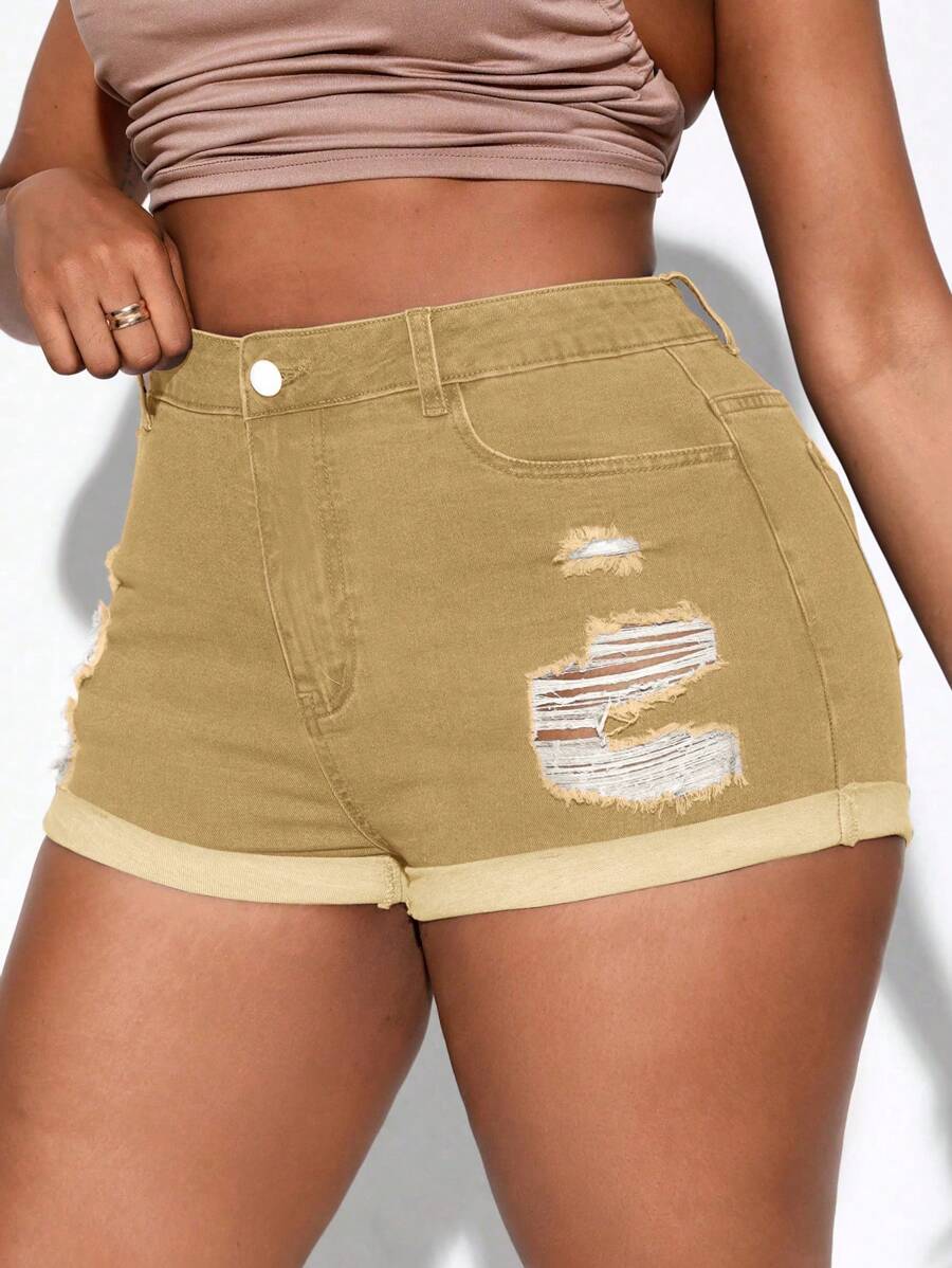 SHEIN SXY Plus Size Women Pocketed Distressed Frayed Hem Casual Denim Shorts