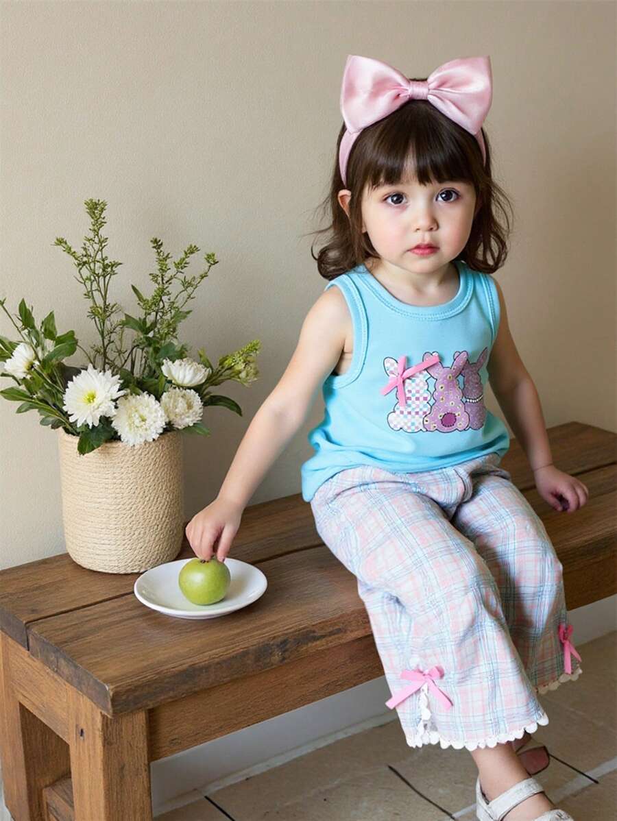 女宝宝服装兔子印花圆领背心和彩色格子搭配心形刺绣蕾丝裤夏季两件套,百搭休闲,时尚有型 - 彩色 - 查看 1