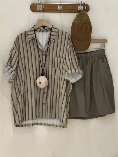 SHEIN Manfinity Dauomo Men's Summer Casual Striped Pocket Button-Down Shirt & Shorts Set