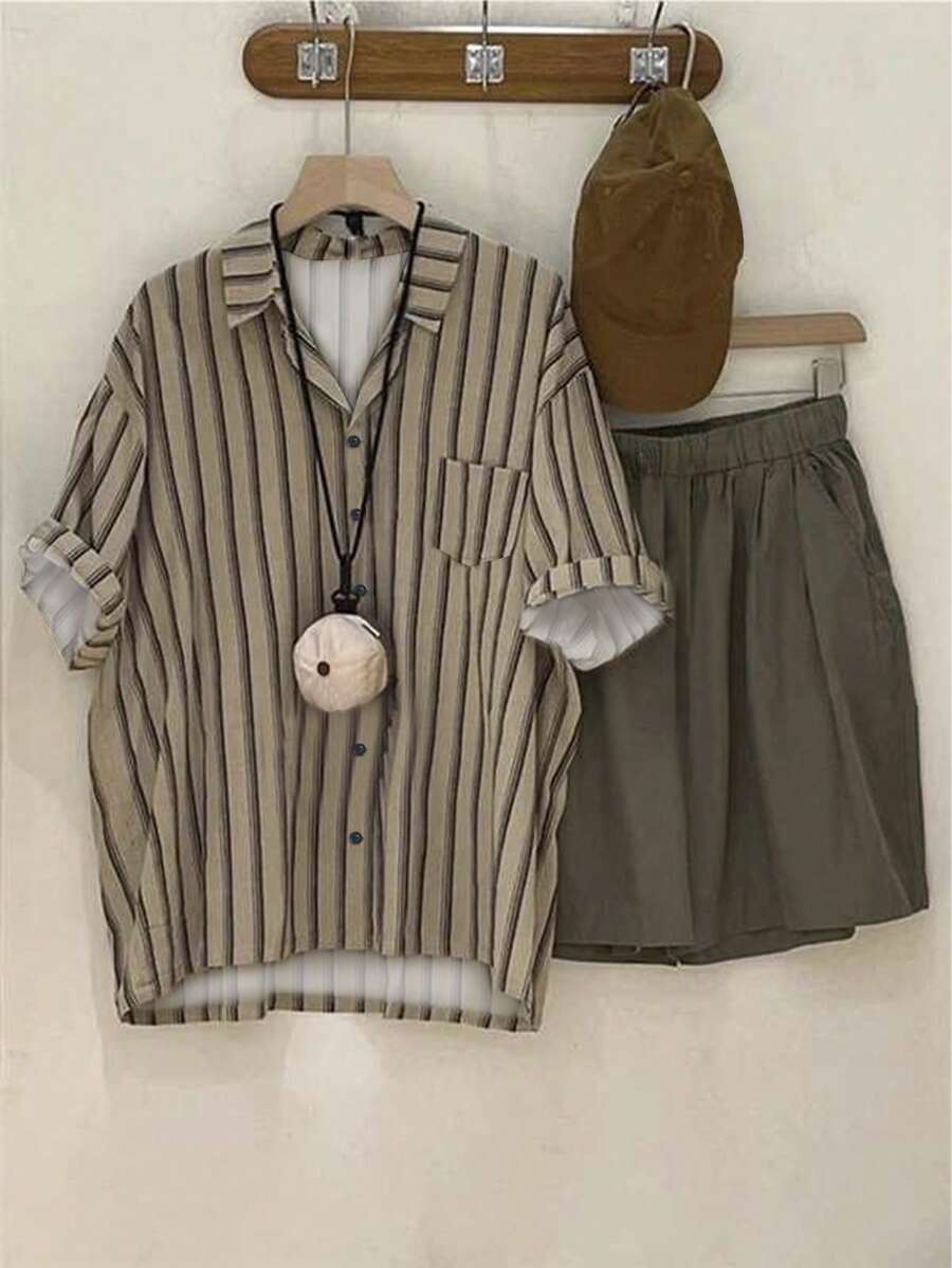SHEIN Manfinity Dauomo Men's Summer Casual Striped Pocket Button-Down Shirt & Shorts Set - Multicolor - View 1