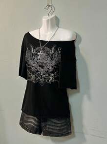 Attitoon Casual Simple Grunge Style Heart Wings Pattern Dropped Shoulder Women T-Shirt, Suitable For Summer, Vacation Style Off The Shoulder Top - Black - View 5