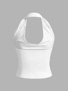 SHEIN EZwear 1 件夏季针织白色女式紧身百搭短款上衣 - 白色 - 查看 5