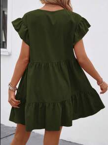 Breezaya 女士夏季纯色圆领宽松娃娃裙，带荷叶边装饰，度假海滩装 - 墨綠色 - 查看 2