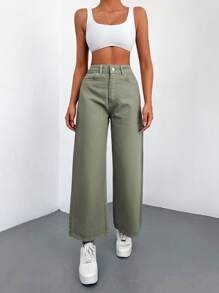 Cottnline 100%纯棉斜口袋休闲阔腿牛仔裤 - 軍綠色 - 查看 3