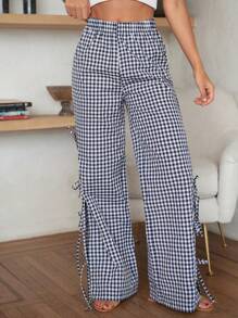 Cloudara Women's Comfortable Plaid Pants Bow Detailed Comfortable Pants - Multicolor - View 4