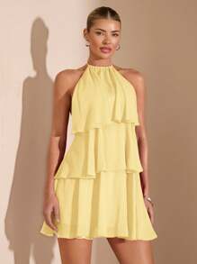 SHEIN BAE 夏季海滩度假纯红色层叠荷叶蛋糕雪纺迷你连衣裙，适合日常约会、夜间外出、夜总会、派对、聚会、鸡尾酒会、泳池派对、返校季服装、学校季连衣裙、节日连衣裙、芭蕾舞裙 - 黃色 - 查看 3