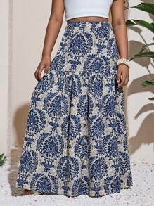 SHEIN Tween Girl Elastic Waist Loose Bohemian Vacation Printed Skirt, Summer