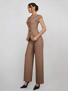 Aloruh Bộ quần áo vest và vest đơn hàng khuy đơn màu tối giản dành cho nữ, trang phục đi làm văn phòng, trang phục công sở mùa hè dành cho nữ, trang phục công sở chuyên nghiệp dành cho nữ vào mùa thu/đông - màu nâu - Xem 4